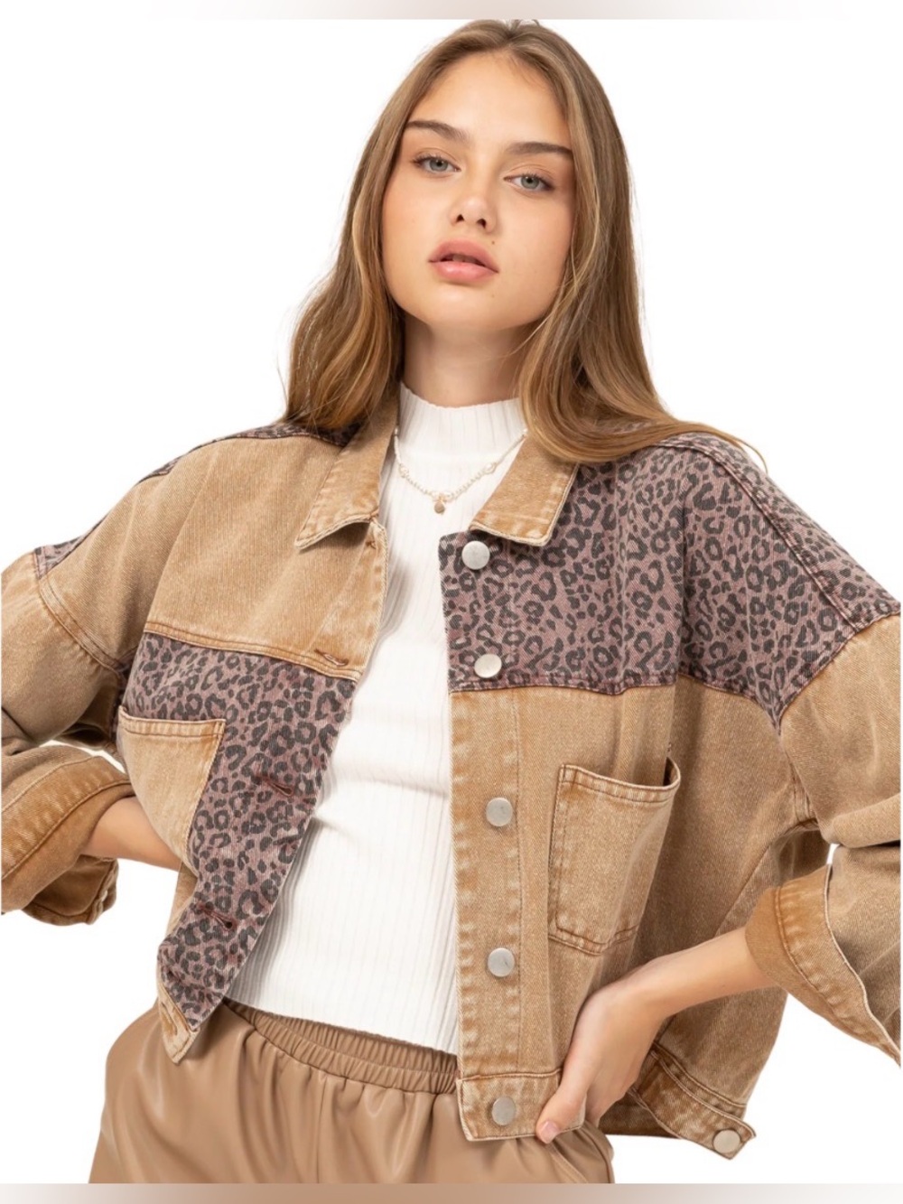 HYFVE Tan Denim Jacket with Leopard Panels